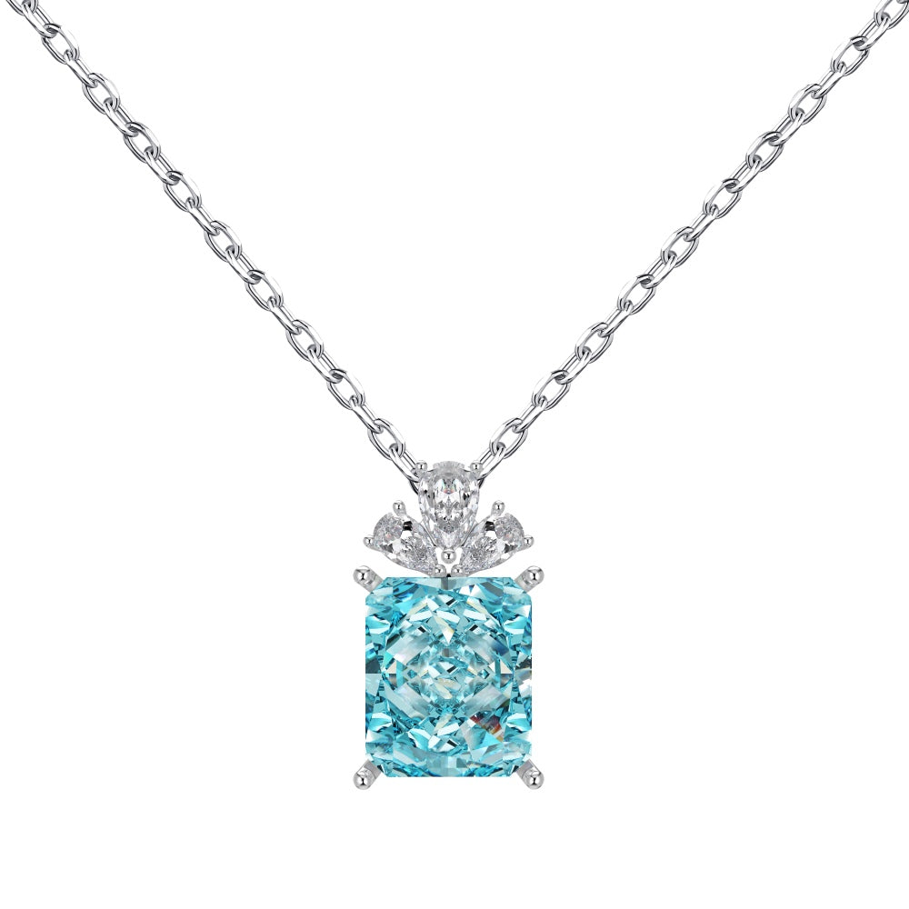Women's Pendant Necklace, Blue Ice‑Cut Rectangle & White Pear Shape Spliced Zirconia, S925 with White Gold Plating