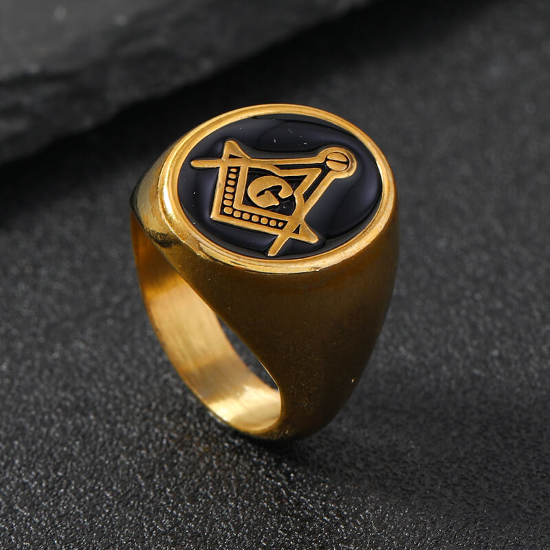 Vintage Gold Plated Stainless Steel AG Masonic Round Ring for Men Black Polished Background