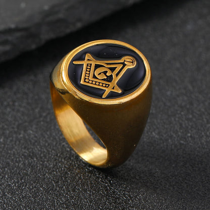 Vintage Gold Plated Stainless Steel AG Masonic Round Ring for Men Black Polished Background