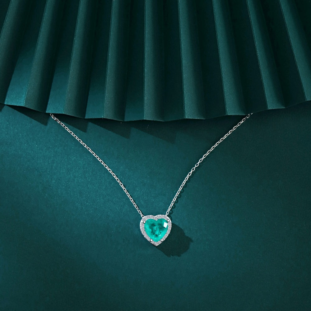 Women's Heart Pendant Necklace, Paraiba Color Green Sapphire Inlay, S925 with White Gold Plating