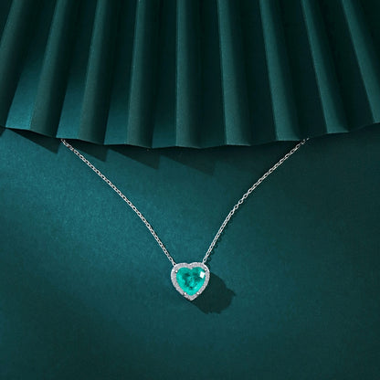 Women's Heart Pendant Necklace, Paraiba Color Green Sapphire Inlay, S925 with White Gold Plating