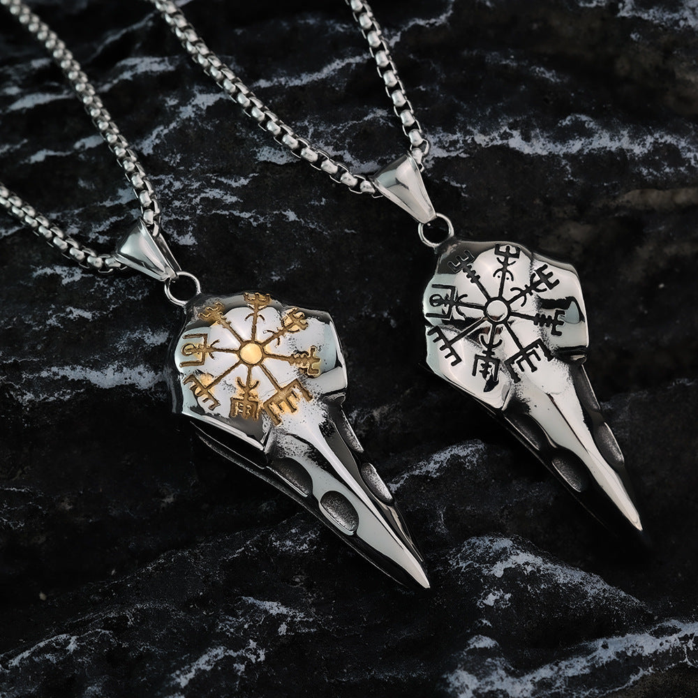 Vintage Stainless Steel Men's Viking Raven Head Pendant Necklace