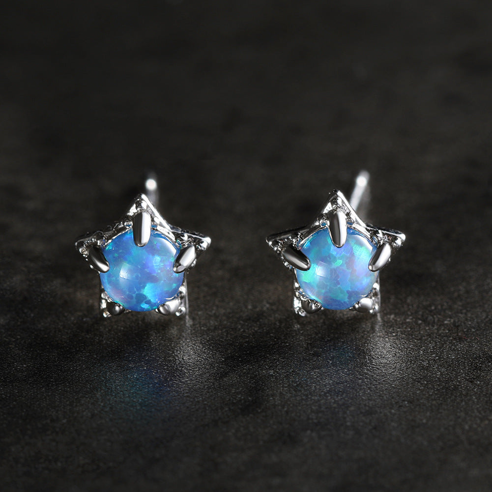 Women's Star‑Shape Prong Set Stud Earrings, Blue Opal / White Opal Inlay, White Gold Plating