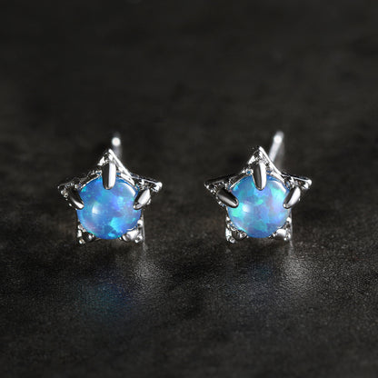 Women's Star‑Shape Prong Set Stud Earrings, Blue Opal / White Opal Inlay, White Gold Plating