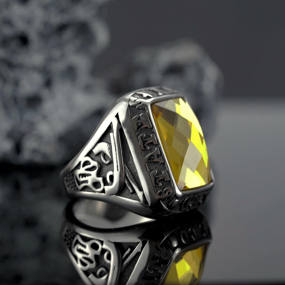 Vintage Solid Stainless Steel Inlaid Yellow Cubic Zirconia Engraved Symbol Wide Signet Ring for Men