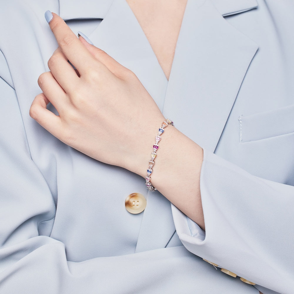 Women's Delicate Adjustable Bracelet, Multicolor Baguette Zirconia Arranged Inlay, S925 with White Gold Plating
