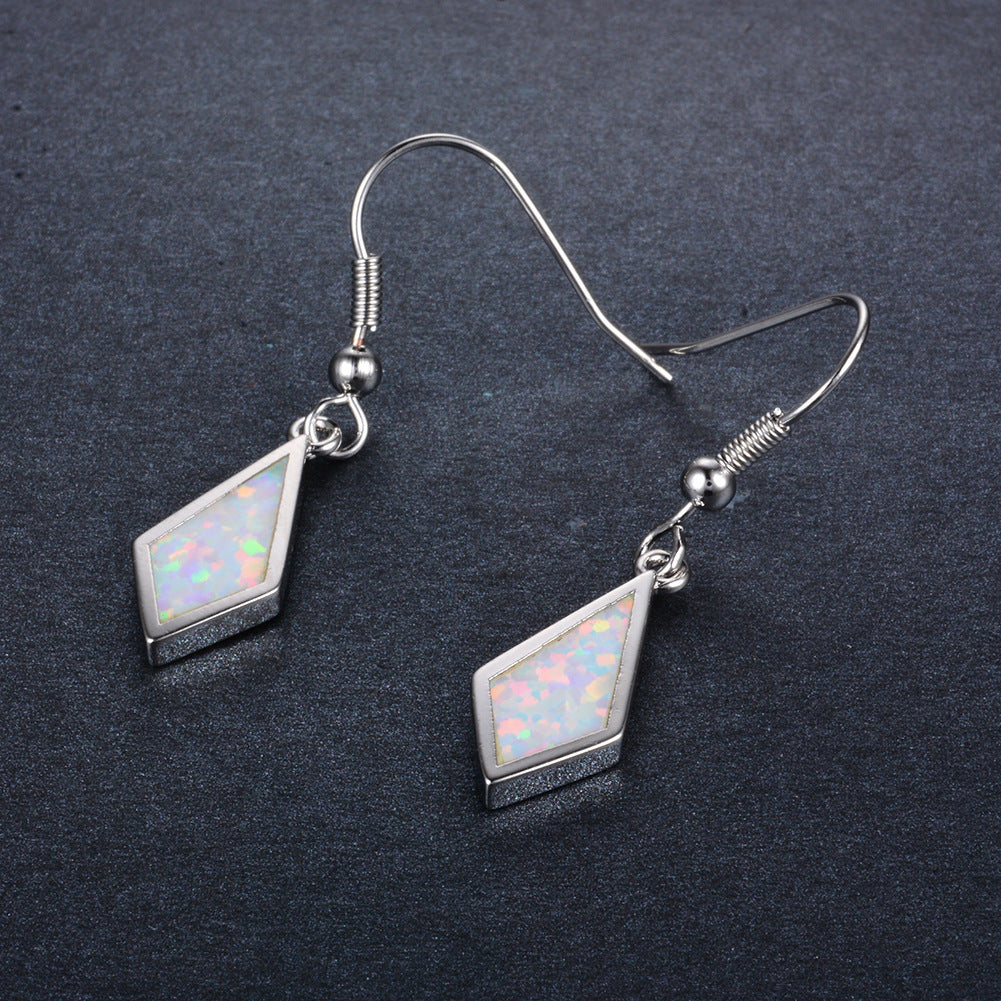 Women's Rhombus Shape Hook Dangle Earrings, Blue Opal Inlay, White Gold Plating