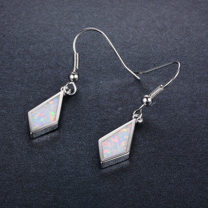 Women's Rhombus Shape Hook Dangle Earrings, Blue Opal Inlay, White Gold Plating