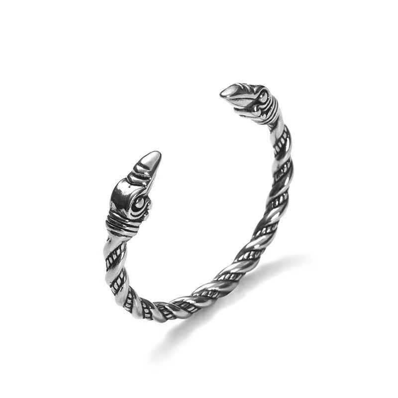 Viking Raven Solid Stainless Steel Open C Bracelet for Men, Nordic Pirate Vintage Adjustable Cuff Bangle