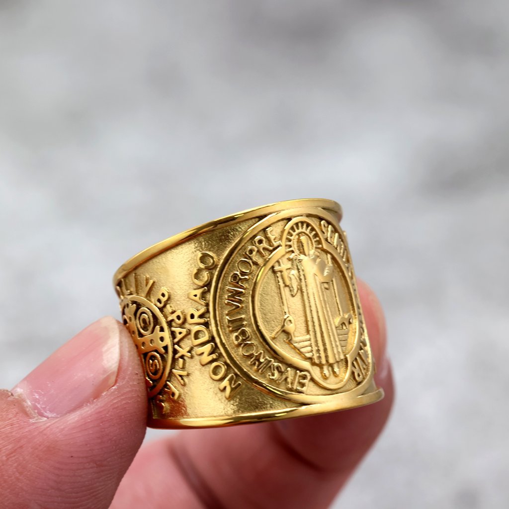 Vintage Stainless Steel Wide Band St. Benedict Exorcism Cross Ring for Men