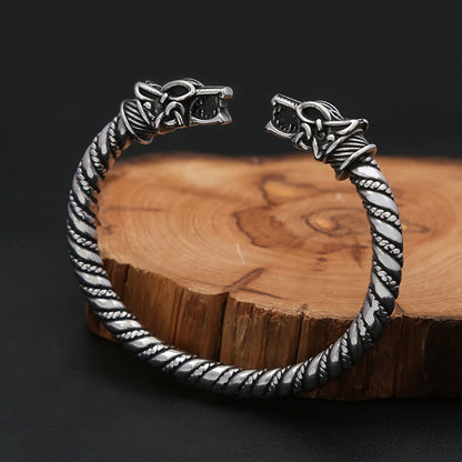 Viking Retro Double Dragon Head Open C Bracelet for Men, European Vintage Bold Personality Stainless Steel Cuff Bangle