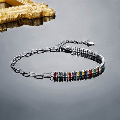 Women&Men's Square-Shaped Colorful Adjustable Lobster Claw Clasp Zircon Cuban Tennis Bracelet