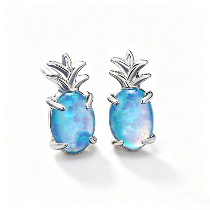 Women's Pineapple‑Shape Stud Earrings, White Opal / Blue Opal