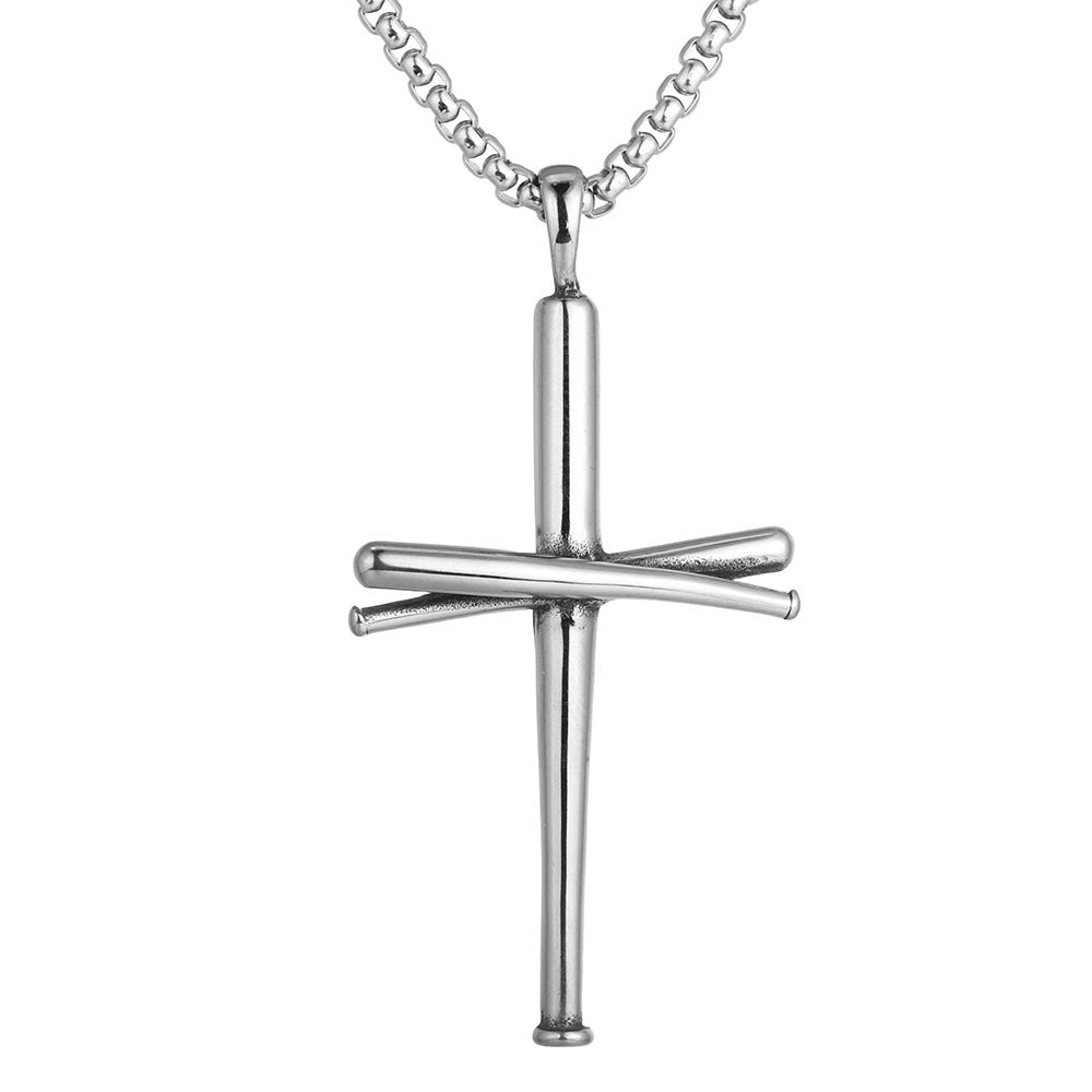 Men's Steel Baseball Bat Cross Pendant Necklace