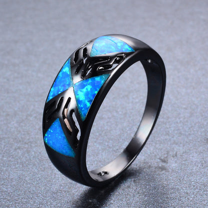Women's Black Wide Band Geometric Triangle Opal Ring