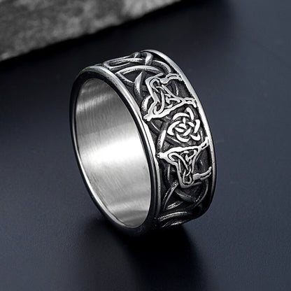 Vintage Stainless Steel Viking Wolf Head Celtic Knot Ring for Men