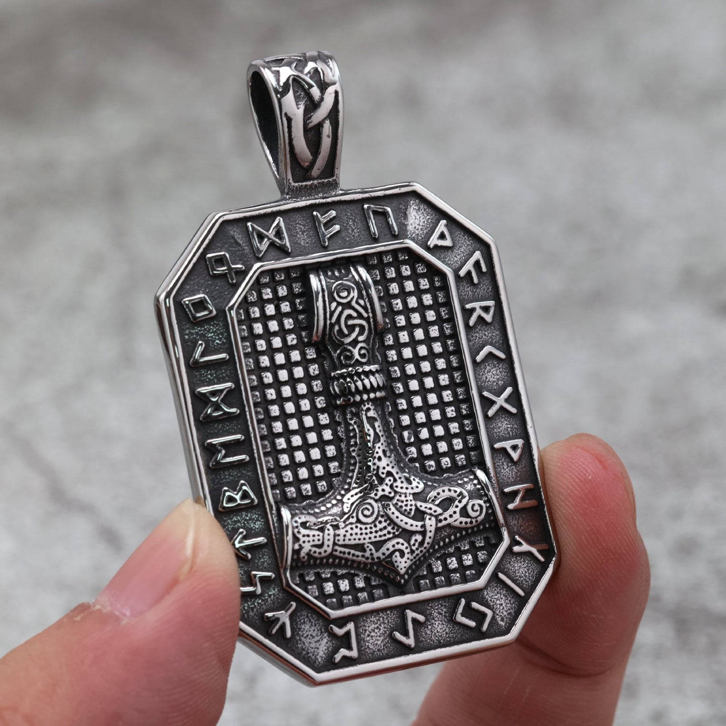 Vintage Stainless Steel Viking Rune Hammer Tag Pendant Necklace for Men