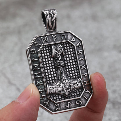 Vintage Stainless Steel Viking Rune Hammer Tag Pendant Necklace for Men