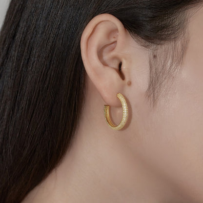 Women's Delicate 20 mm Round Huggie Earrings, Full Paved Round Zirconia, S925 with 18K Gold Plating