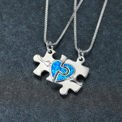 Blue Opal Puzzle Heart Set Necklace