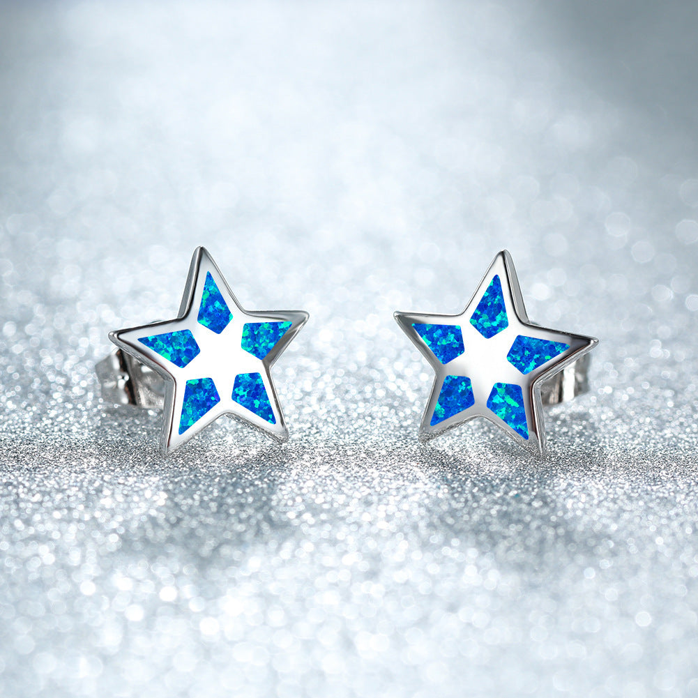 Women's Star‑Shape Hollow Blue / White Opal Stud Earrings, with White Gold Plating / Rose Gold Plating
