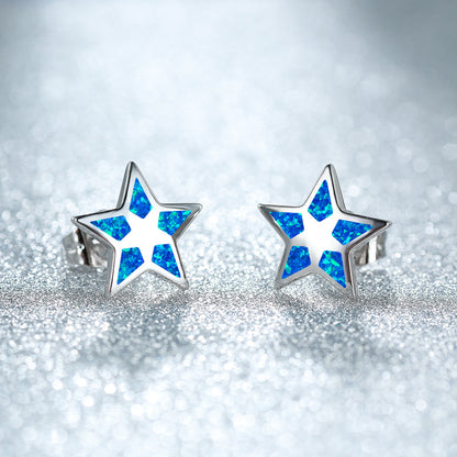 Women's Star‑Shape Hollow Blue / White Opal Stud Earrings, with White Gold Plating / Rose Gold Plating