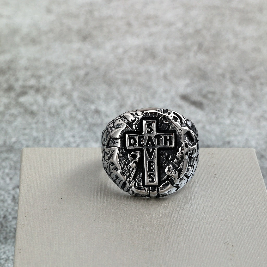 Vintage Antique Solid Stainless Steel 3D Carved Rock Crack Skull Death Cross Signet Ring for Men