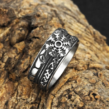 Vintage Solid Stainless Steel Norse Viking Helm of Awe Rune Carved Wide Band Ring for Men