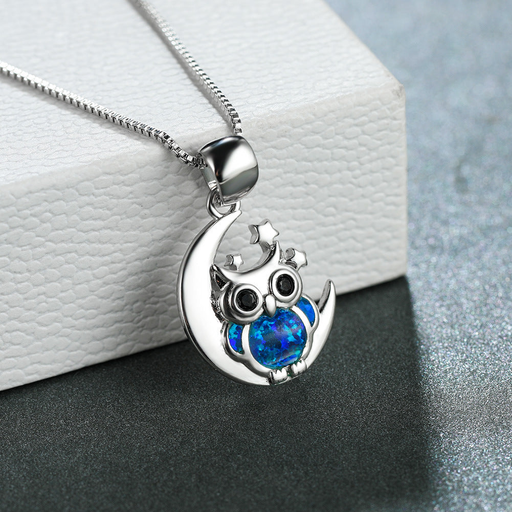 Opal Star and Moon Owl Necklace