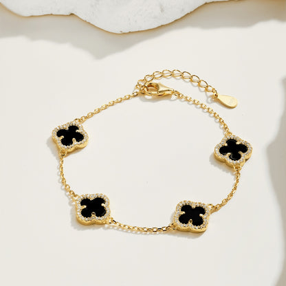 Women's Delicate Bracelet, Black Onyx & Round White Zirconia Inlay Clover Design, S925 with 18K Gold Plating
