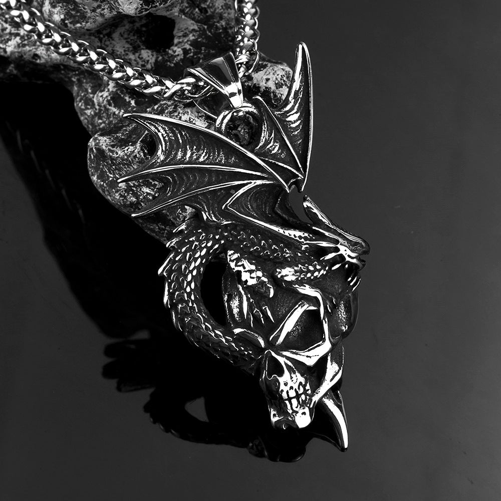 Vintage Stainless Steel Dragon & Skull Pendant Necklace for Men