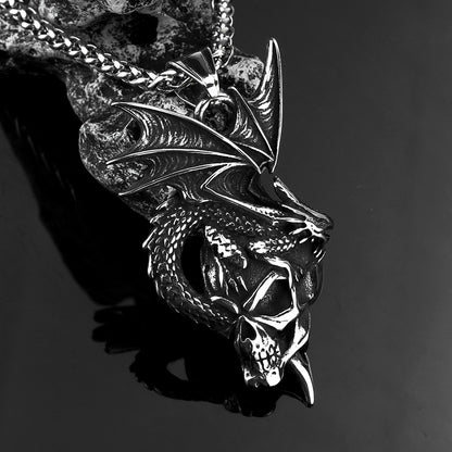 Vintage Stainless Steel Dragon & Skull Pendant Necklace for Men