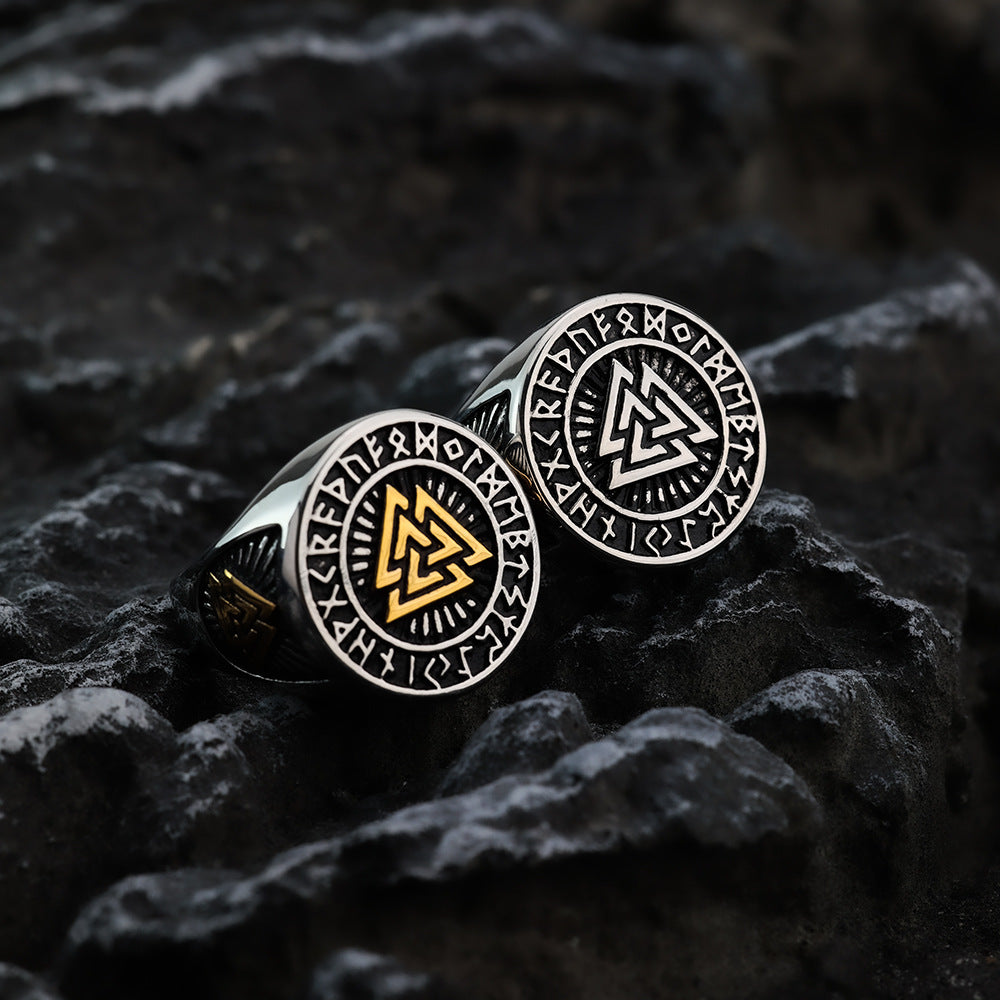 Vintage Nordic Stainless Steel Viking Triangle Symbol Rune Circle Signet Ring for Men