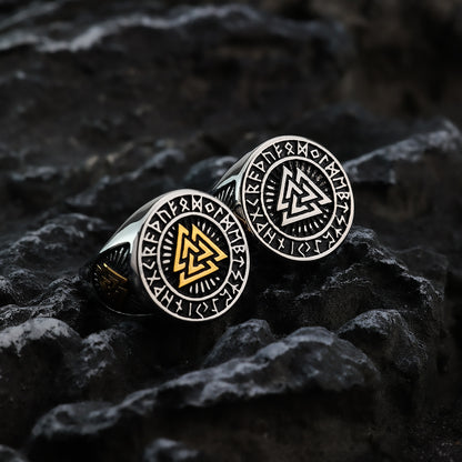 Vintage Nordic Stainless Steel Viking Triangle Symbol Rune Circle Signet Ring for Men