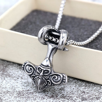 Vintage Stainless Steel Viking Pattern Goat Head Hammer Pendant Necklace for Men