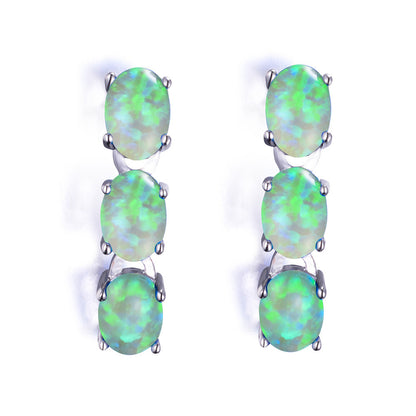 Women's Three‑Oval Opal Linked Dangle Drop Earrings, with White Gold Plating