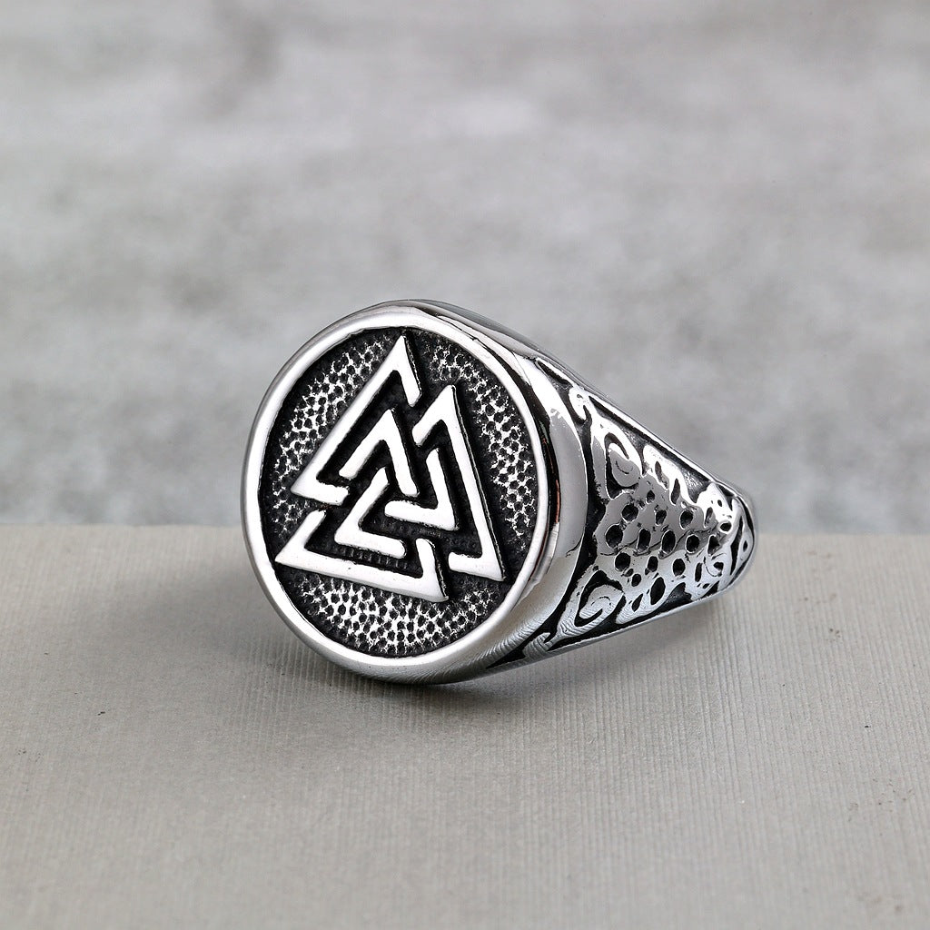 Vintage Solid Stainless Steel Viking Triangle Symbol Round Ring for Men