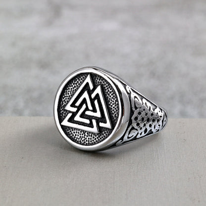 Vintage Solid Stainless Steel Viking Triangle Symbol Round Ring for Men