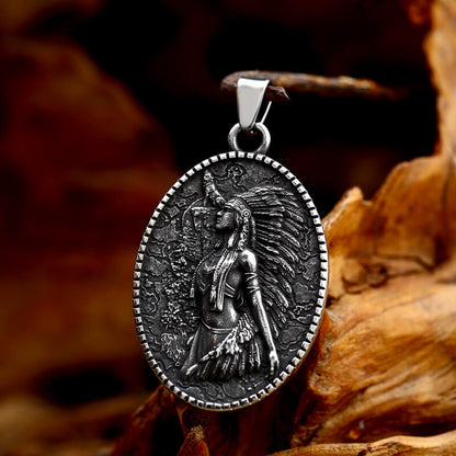 Vintage Stainless Steel Double Sided Native American Pendant Necklace for Men