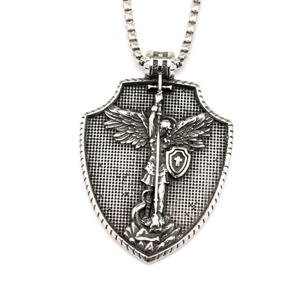 Men's Steel Archangel Shield Pendant Necklace
