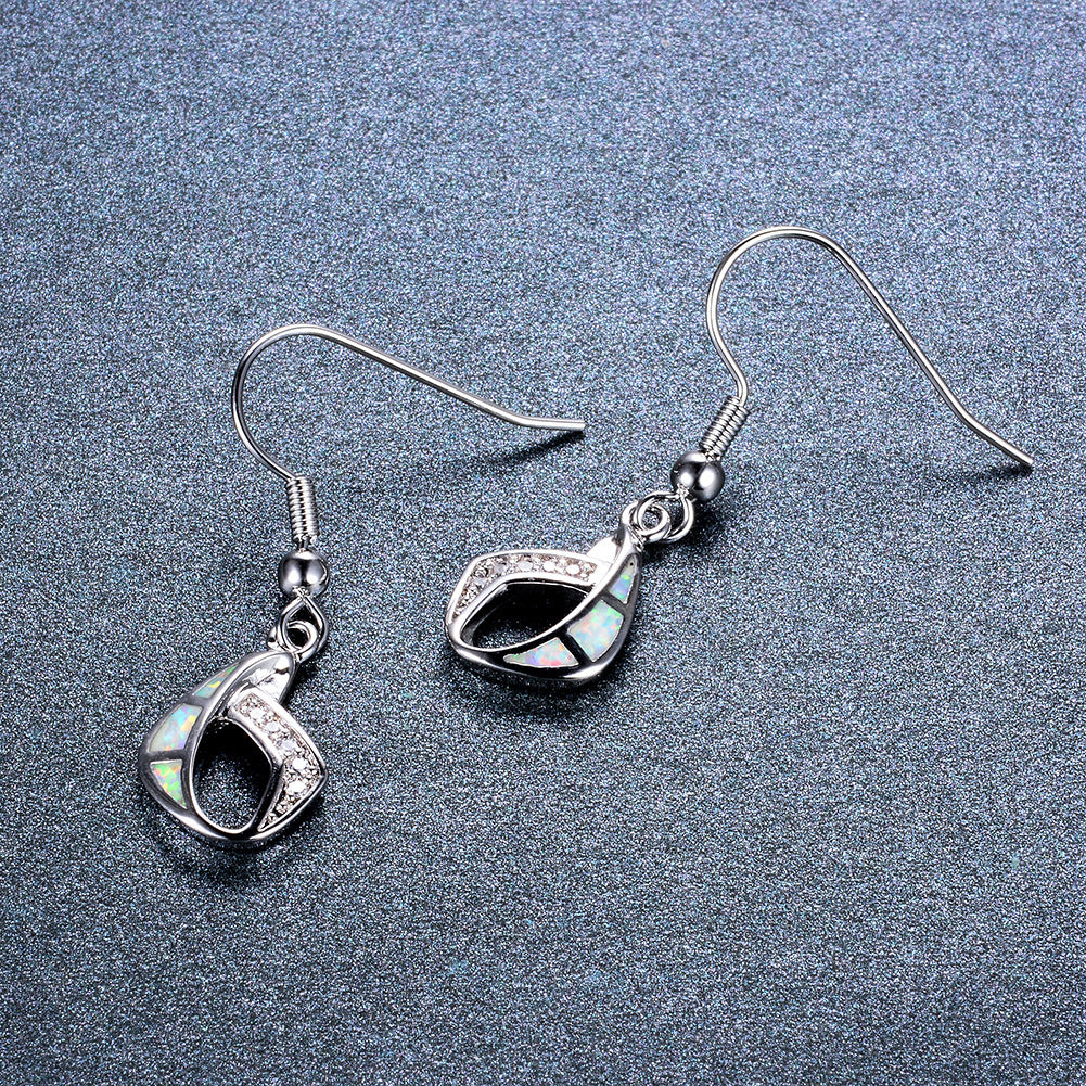 Women's Geometric Hollow Blue & White Opal With Clear Sapphire Hook Dangle Earrings