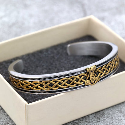 Nordic Retro Viking Mjolnir Stainless Steel C Cuff Men Bracelet