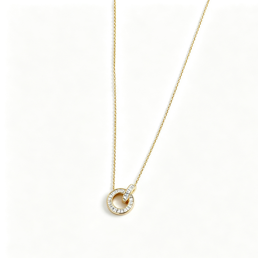 Women's Interlocking Rings Pendant Necklace, Baguette Zirconia Paved Inlay, S925 with 18K Gold Plating