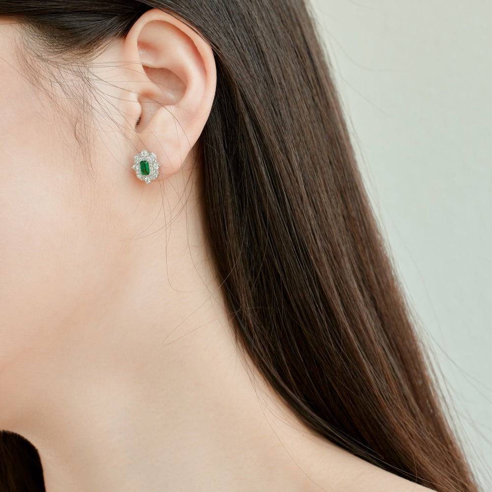 Women's Vintage Double Halo Stud Earrings, Rectangle Emerald Center Stone, S925 with White Gold Plating
