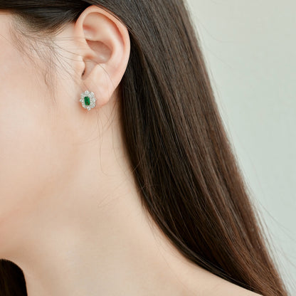 Women's Vintage Double Halo Stud Earrings, Rectangle Emerald Center Stone, S925 with White Gold Plating