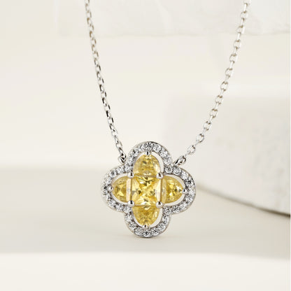 Women's Clover Pendant Necklace, D‑Shape Yellow Sapphire, S925 with White Gold Plating