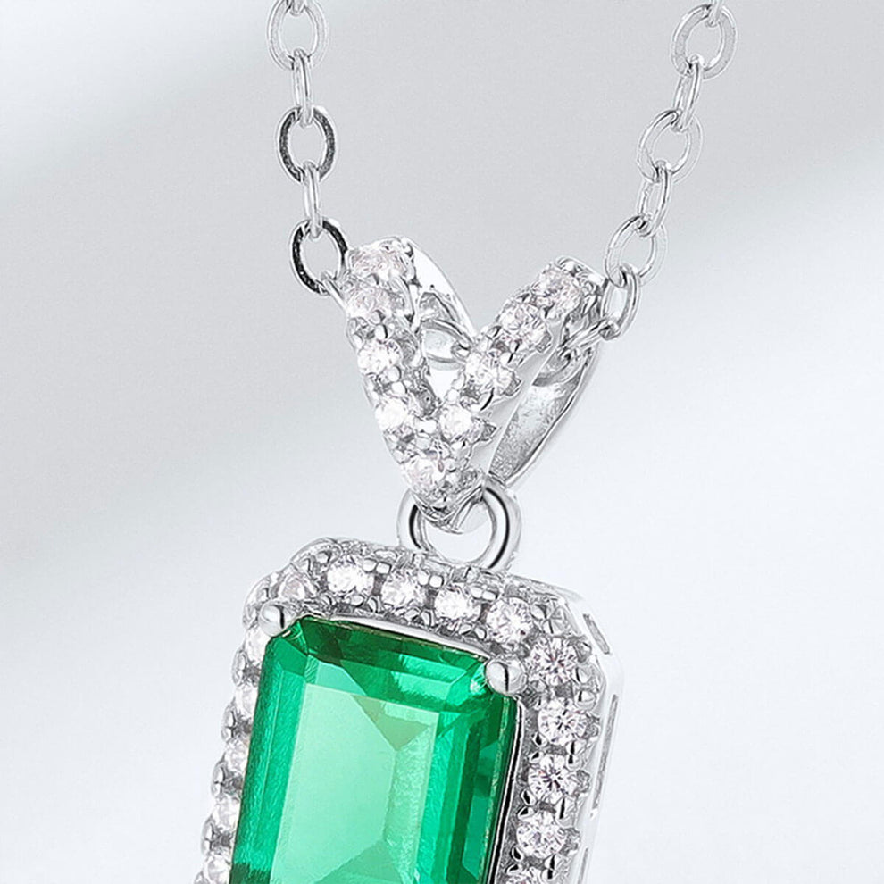 Women's Sterling Silver Rectangle Halo Emerald Pendant