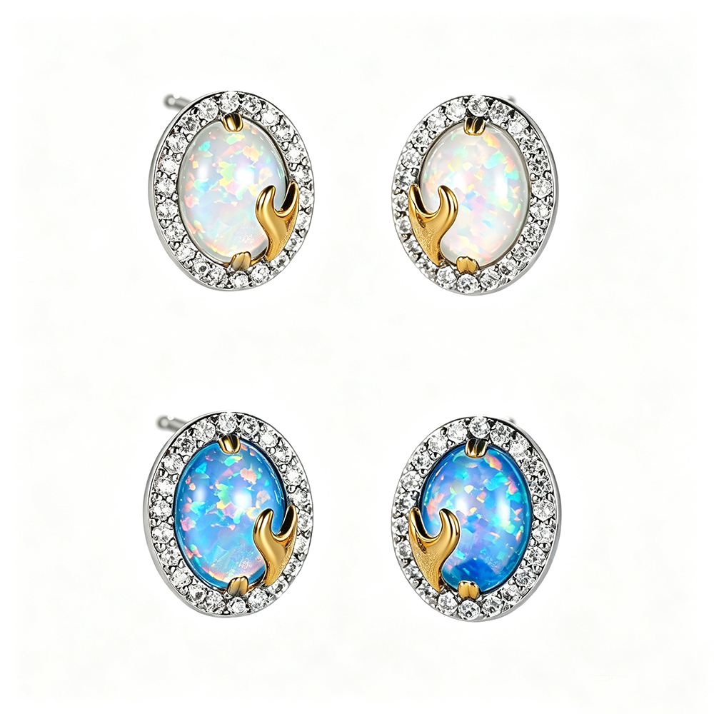 Women's Oval‑Shape Two‑Tone Metal Halo Paved Zirconia Blue / White Opal Stud Earrings, with White Gold Plating