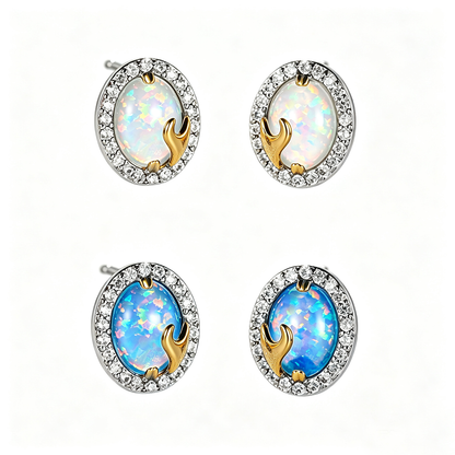 Women's Oval‑Shape Two‑Tone Metal Halo Paved Zirconia Blue / White Opal Stud Earrings, with White Gold Plating