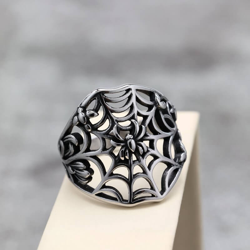 Vintage Solid Stainless Steel Hollow Spider Web Ring for Men